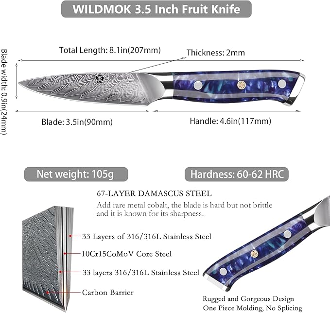 WILDMOK Paring Knife 3.5 Inch, Japanese Damascus Fruit Knife, Small peeling knife Perfect for Cutting Fruit Vegetables Petty Knife
