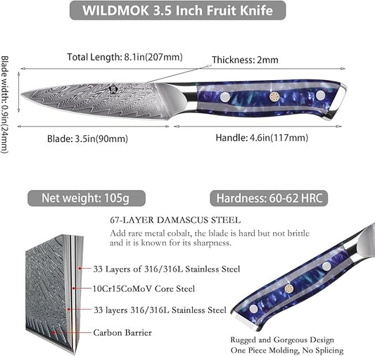 WILDMOK Paring Knife 3.5 Inch, Japanese Damascus Fruit Knife, Small peeling knife Perfect for Cutting Fruit Vegetables Petty Knife