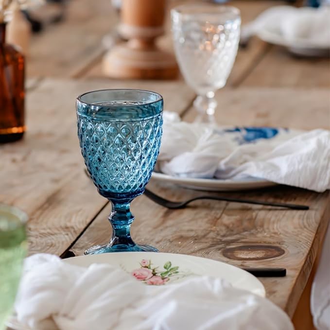 ZOOFOX Set of 6 Vintage Wine Glasses, 10 oz Colored Glass Goblet with Stem, Diamond Design Embossed Glassware for Baby Shower, Wedding, Party, Holiday