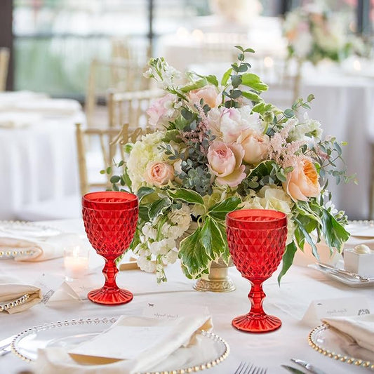 24 Pcs Vintage Wine Glasses, 10 Ounce Colored Glass Water Goblets, Unique Embossed Pattern High Clear Stemmed Glassware Wedding Party Bar Glass Drinking Cups, Diamond Red Glasses Set of 24