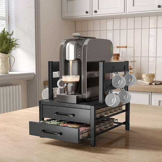 K Cup Holder Drawer - K Cup Storage Organizer, Coffee Pod Drawer with Hooks, Durable Iron-Wood Design, Space-Saving Coffee Station Organizer for Kitchen Counter