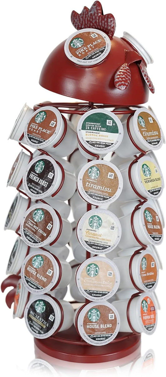 Made Easy Kit Carousel Coffee Pod Holder, Compatible with Keurig K-Pods K-Cups, Countertop Rack Storage Organizer, Metal Home and Kitchen Decor, Capsule Café Station Bar (Large, Red Rooster)