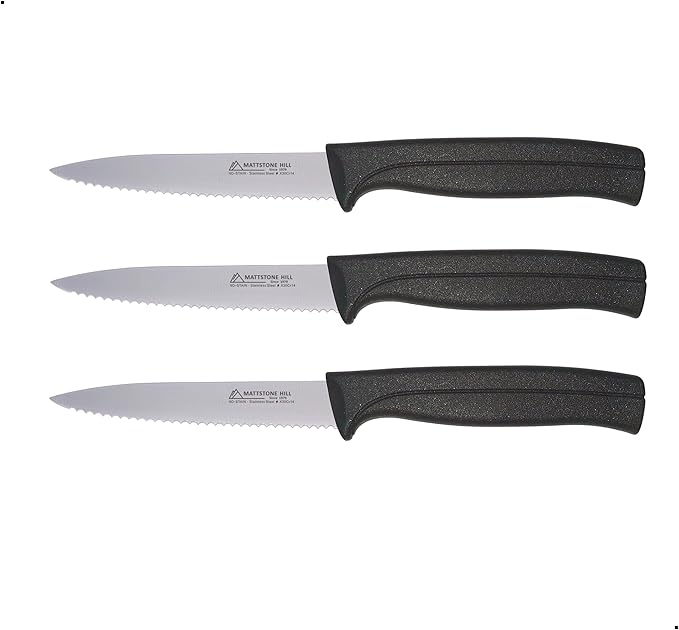 Kitchen Knife Set - MATTSTONE HILL Paring Knife Set, 4 Inch Serrated Utility Knife, Vegetable Knife Set, Slim Blade, Premium Stainless Steel, Semi Soft Handle, Black