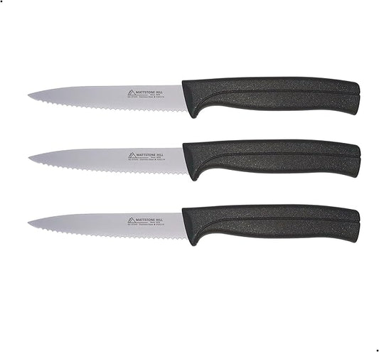 Kitchen Knife Set - MATTSTONE HILL Paring Knife Set, 4 Inch Serrated Utility Knife, Vegetable Knife Set, Slim Blade, Premium Stainless Steel, Semi Soft Handle, Black