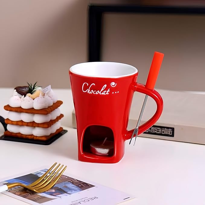 Chocolate Melting Mug Cheese Candy Mini Fondue Pot With Forks (Red)
