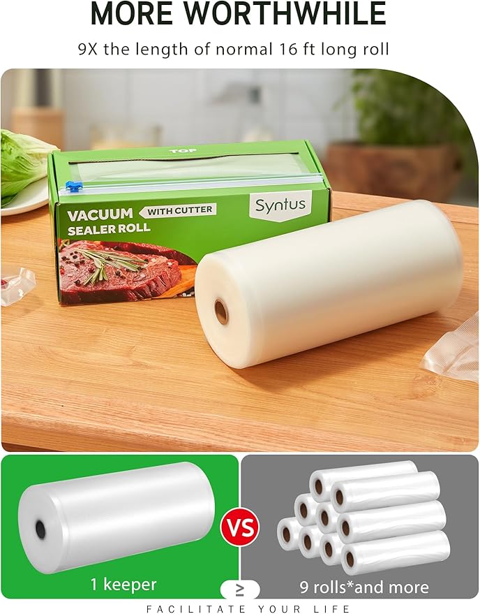 Syntus 8" x 150' Food Vacuum Seal Roll Keeper with Cutter Dispenser, Commercial Grade Vacuum Sealer Bag Rolls, BPA Free Food Vac Bags, Ideal for Storage, Meal Prep and Sous Vide