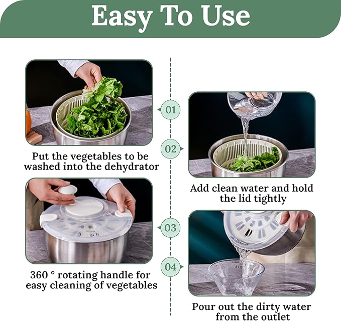Salad Spinner 5L Dual Layer Stainless Steel & PP Lettuce Spinner with Lid & Rotating Handle Multi-Purpose Quick Dry Fruit and Vegetable Wash for Kitchen, Salad, Lettuce