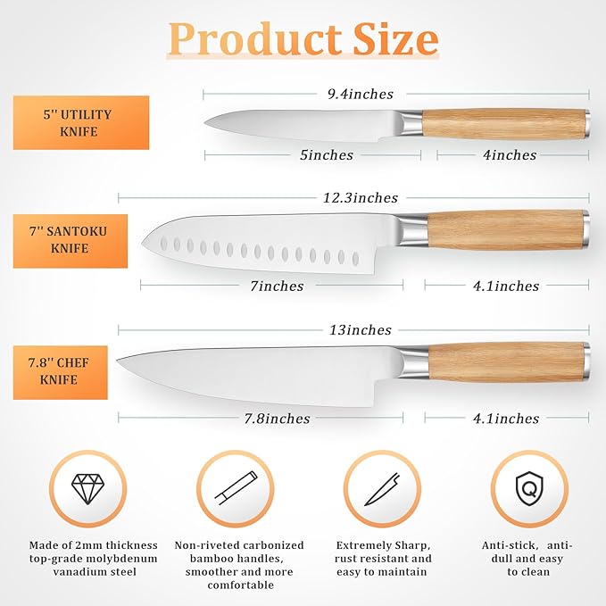 Kitchen Knives Set of 3 for Everyday Cooking,Starter Kitchen Knife Set Includes Chef,Santoku and Utility Knife,Molybdenum Vanadium Steel Knives Set with Carbonized Bamboo Handles and Gift Box