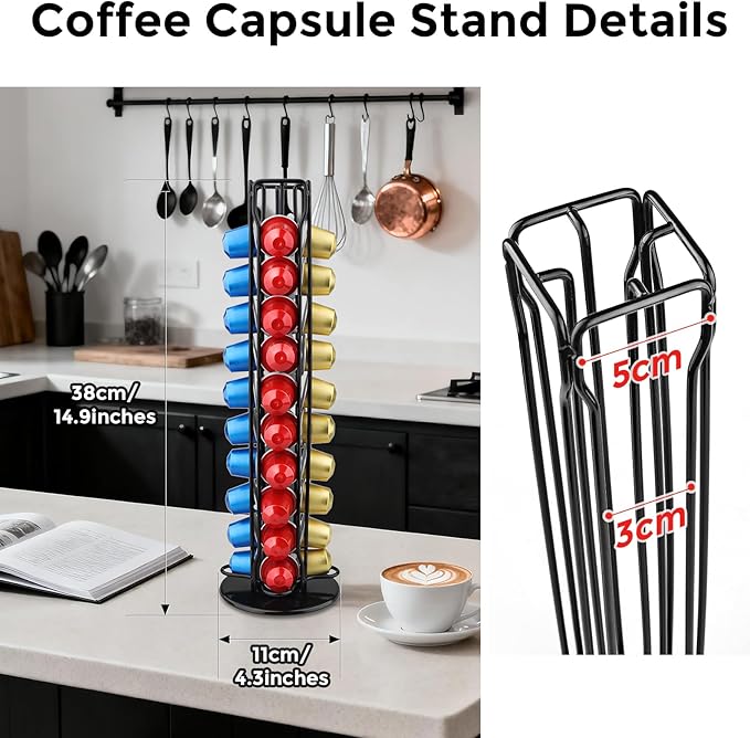 Coffee Pod Holder Compatible with Nespresso Original Capsule– Holds 40 Pods, 360° Rotating Coffee Carousel Storage, Space-Saving Countertop Organizer, Stylish Gift for Coffee Lovers (Black)