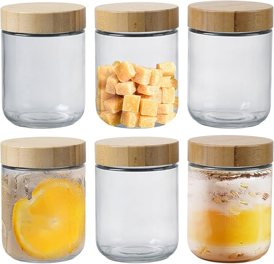 16 OZ Glass Mason Jars with Airtight Lids Wide Mouth Leakproof Pantry Organization Food-Grade Storage Containers for Honey,Salad,Yogurt and Snacks (Wooden Lid-6 Pack)