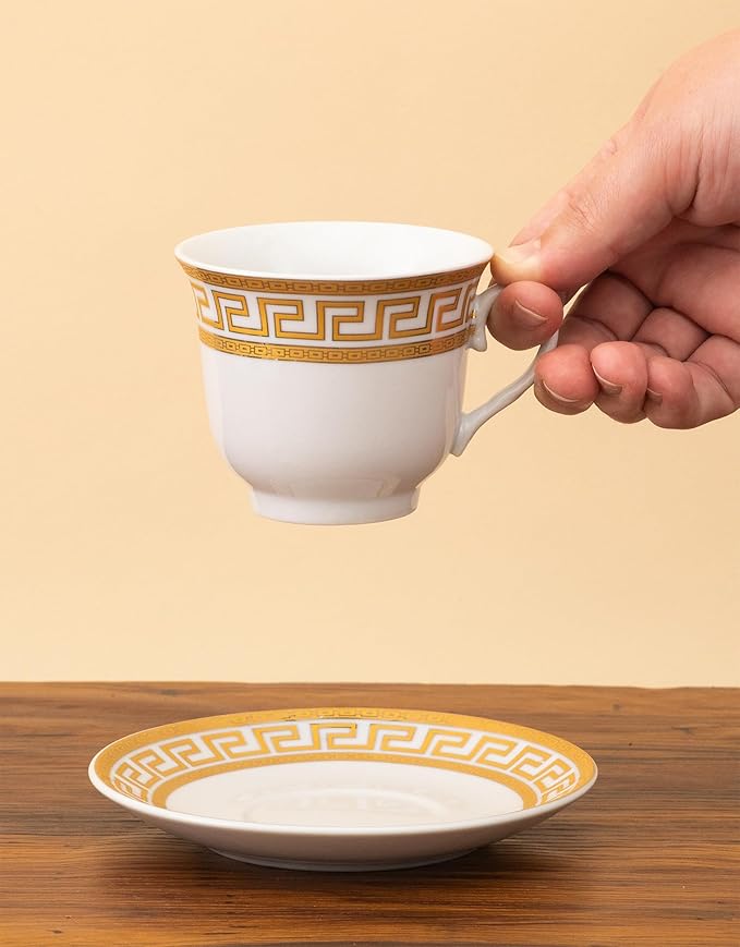 Porcelain Tea Cup and Saucer Set - 4 Piece Vintage Tea Set - White with Gold Greek Key Design - 5.5 Inch Saucers, 6.5 oz Cups - For TeaParties, Cappuccino, Home Decor (Meander Gold 3004, 4 Piece)