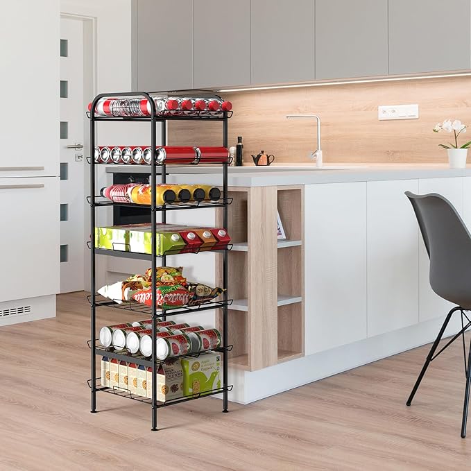 Water Bottle Organizer 7 Tier Freestanding Water Bottle Storage Organizer Metal Bottle Rack Holder Stand Shelf for Kitchen Pantry Food Storage (Black)