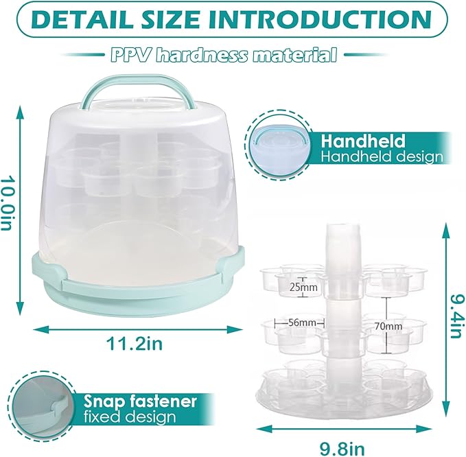 Cake Carrier Round Cake Stand Plus Height Cake Container with Cupcakes Pad, Handle, Lid Reusable Package Box for Transporting Desserts,Pie,Toast,Fruit (10" Black)