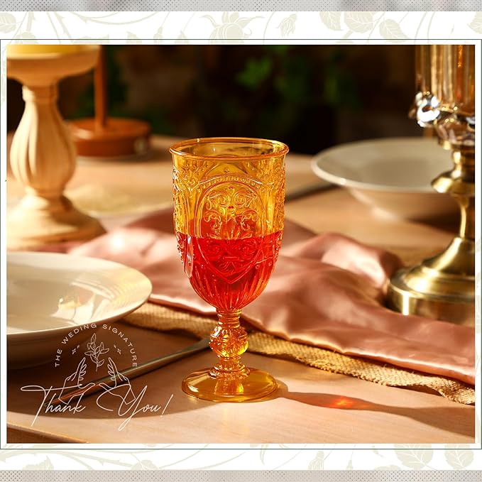 18 Pack Plastic Goblets 10oz Upgrade Vintage Water Goblet Plastic Wine Glasses Colored Retro Embossed Glassware for Party Wine Bar Juice Baby Shower Wedding Reception Grand (Amber)