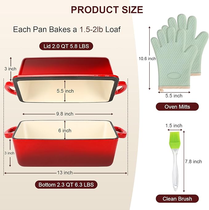 9x5 Inch Enameled Cast Iron Loaf Pan with Lid | 2 in 1 Homemade Sourdough Bread Baking Pan for Homemade Bread, Cake, Meatloaf | Durable 2 Piece Set, Red color