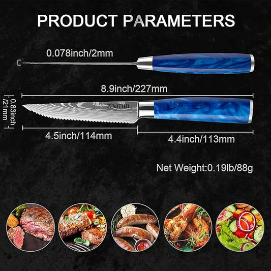 Serrated Steak Knife Set - 6pcs Premium 4.5 inch Kitchen Cutting Steak Knives, German Stainless Steel KnifeTable Dinner Knife with Blue Resin Handle for Home Restaurant, Gift Box