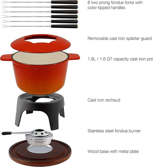 Swissmar Sierra Cast Iron Fondue Set, 1.6 Quart / 1.6 Liter – Perfect for Meat, Cheese, & Chocolate Fondues – Ideal for Family Bonding & Hosting Gifts - 12-Pieces, Gradient Orange