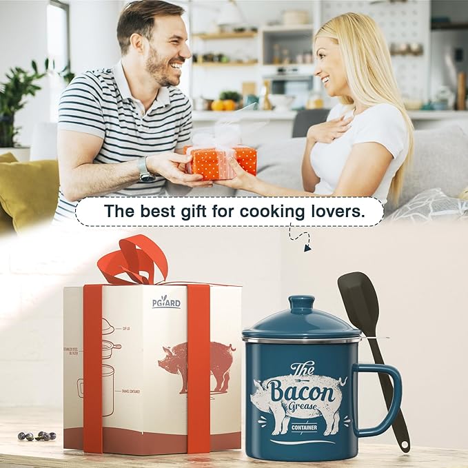 Bacon Grease Container With Strainer, 46OZ Large Enamel Grease Container, With Silicone Spatula, Farmhouse Bacon Grease Keeper, Cooking Oil Container For Kitchen Fat Storage, Dishwasher Safe-Blue