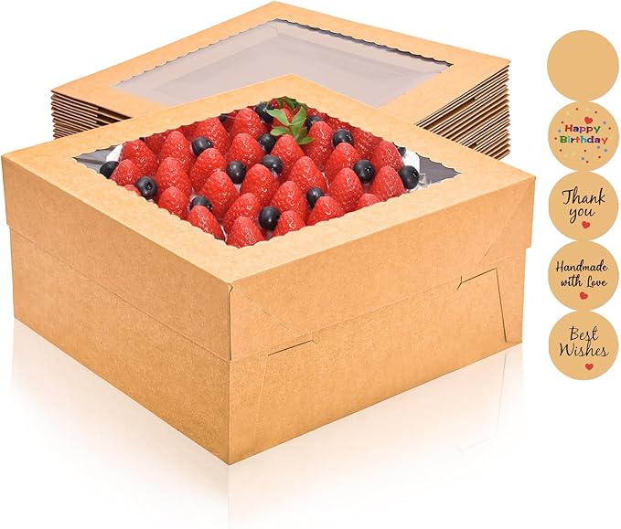 16Pcs 12x12x6 Inch Cake Boxes with Window, Brown Bakery Boxes, Cake Carrier Container for Pastries, Pie, Cookies, Chocolates, Cupcakes, Birthday Party, Wedding