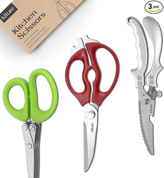 Heavy Duty Kitchen Shear with Bonus MultiPurpose and Herb Scissors 420 Stainless Steel for Chicken, Meat, Fish and Poultry Gift Set with Kitchen Shears for Food and Herbs Scissors by Kiture