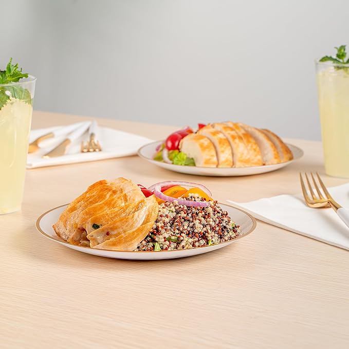 Restaurantware Plastic Plates 20 Pcs 7.25" Gold Rimmed Disposable Plates Heavy-Duty White Translucent Rippled Plastic Dinner Servers for Party, Weddings, Salads, Desserts, and Appetizers