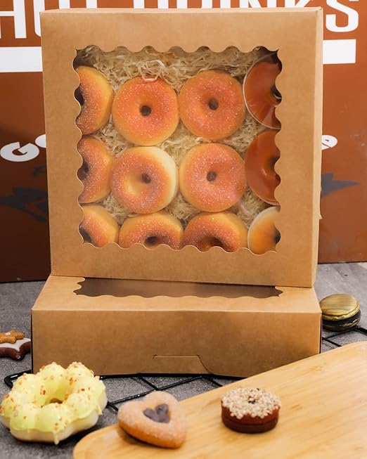 qiqee Auto-pop up Brown Pie Boxes with Window 10x10x2.5 inch 30Packs Cookie Donut Bakery Box