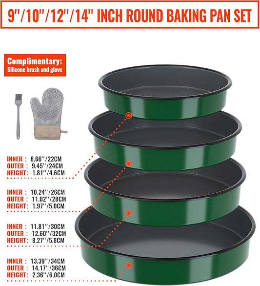 Enamel Round Baking Cake Pans Set Roasting Dish 4-Pack 9/10/12/14 Inch Non Stick Large Cookware for Cake Bread Pie Pizza Turkey Steak, Non-Toxic Carbon Steel Oven Dishwasher Safe Thanksgiving Bakeware