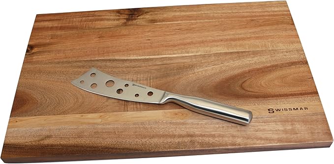 Swissmar Acacia Cheese Board Set – 15x10” Wooden Cutting & Serving Board with Stainless Steel Cheese Knife, Durable & Water-Resistant
