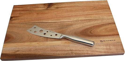 Swissmar Acacia Cheese Board Set – 15x10” Wooden Cutting & Serving Board with Stainless Steel Cheese Knife, Durable & Water-Resistant