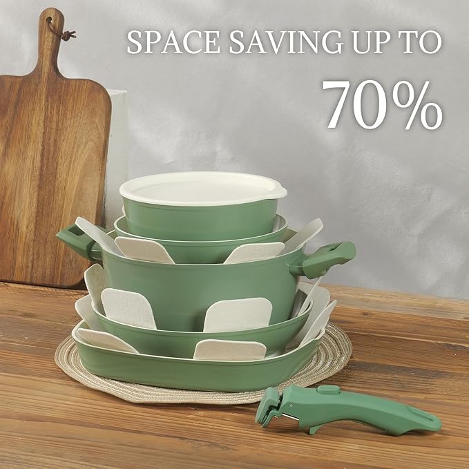 Ceramic Cookware Set 23Pcs Non Stick Pots and Pans Non Toxic with Detachable Handle Induction Kitchen Cookware Set Space Saving, Oven & Dishwasher Safe, Forest Green
