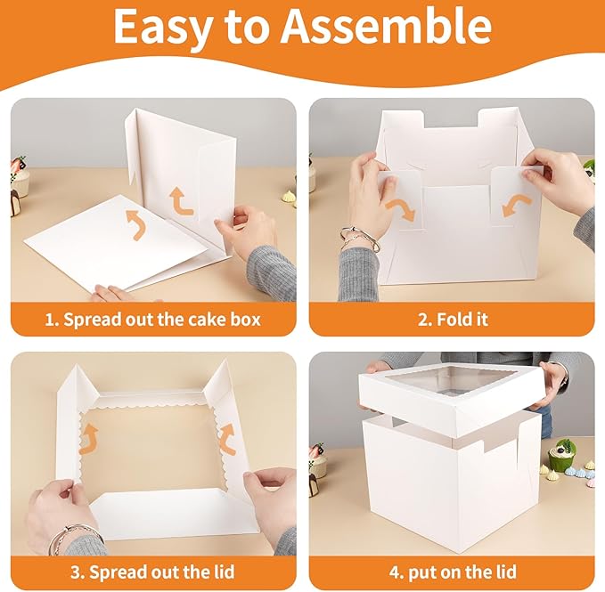 WINKIO Cake Box with Cake Boards, 10 Pack Disposable Cake Carrier, Cakes Transport Container, White Bakery Holder with Window (10, white, 10x10x8 In)