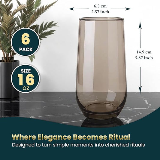 Smokey Sand Drinking Glasses Set of 6 | 16 oz Sand Glass Cups | Highball Drinkware for Cocktails, Long Drink, Water, Mojito, Juice, Soda
