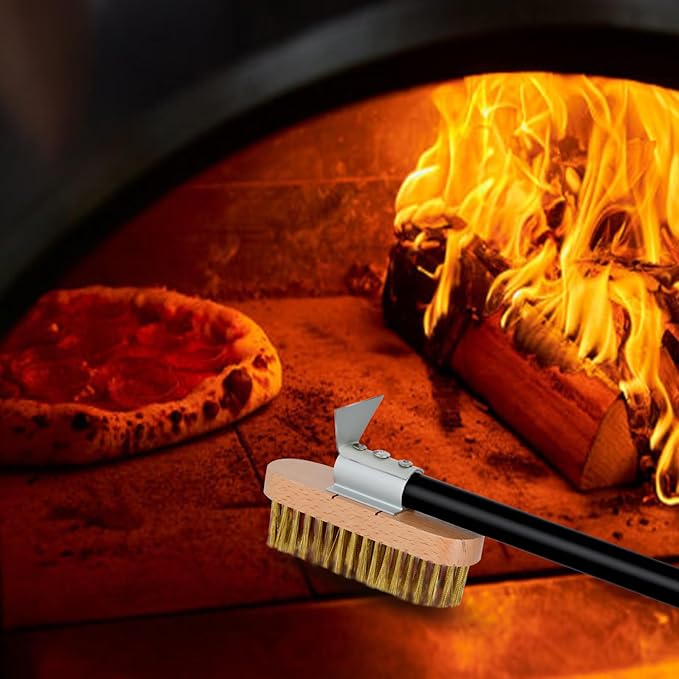 Pizza Oven Brush with Scraper, Brass Bristles Grill Brush with 33 or 47 Inch Long Handle, Pizza Oven Accessories