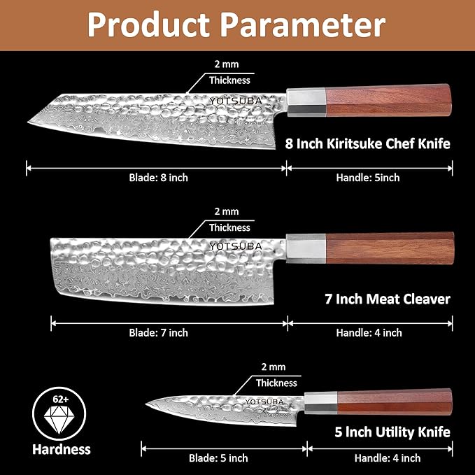 YOTSUBA 3PCS Japanese Chef Knives Set,Damascus Kitchen Knives Set with Hand-forged High Carbon Steel Blade,Ultra Sharp Cooking Knife Set with Ergonomic Wood Handle for Chopping Vegetable and Cooking