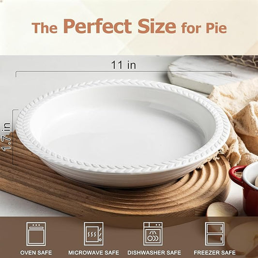 Ceramic Pie Pan Set of 2, 11 inch Round Baking Dish, Porcelain Pie Plate, Non-Stick, Oven & Dishwasher Safe, Non-Stick Pie Dish for Baking