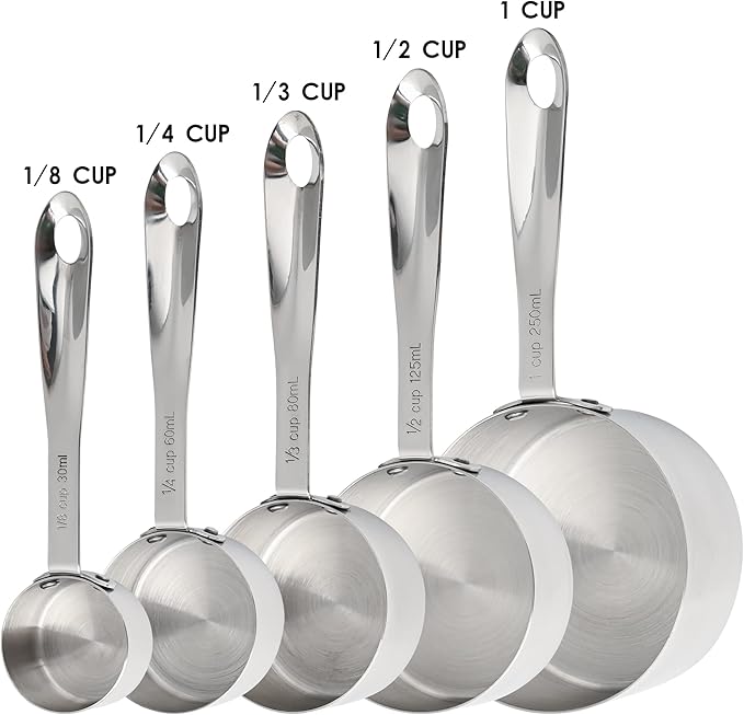 Measuring Cups Set of 5, Stainless Steel Measuring Cups Set, Kitchen Measuring Cup Set, Metal Measuring Spoons for Baking, Dry Measuring Cups, Heavy Duty Measurement Cups with 1/8 Measure Cup