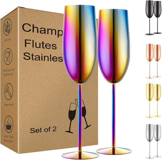 Champagne Glasses Set of 2 Stainless Steel Champagne Flutes Wedding Gifts for Bride 8.5 oz Unbreakable Champagne Glasses for Party Wedding Christmas Anniversary Brithday