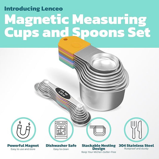 Magnetic Measuring Cups and Spoons Set of 17 - Stackable Stainless Steel Magnetic Measuring Spoons Set with Leveler - Dual Marking Scale Measuring Cup for Dry and Liquid Ingredients, Baking & Cooking