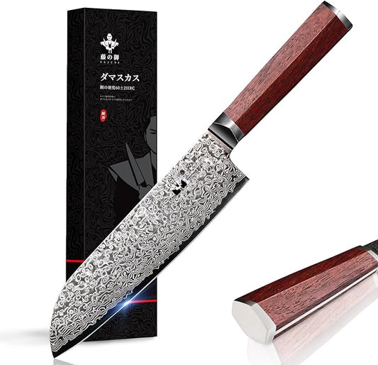 Santoku Knife 7-inch VG-10 Cutting Core 67-Layer Damascus Professional Kitchen Knife Chef’s Knife with Natural Wood Hexagon Handle and Exquisite Box