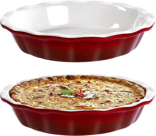 Lareina Deep Dish Pie Pan for Baking, 9 Inch Ceramic Fluted Pie Dish for Apple, Quiche, Pecan, Pot Pies, 53 Ounce Round Pie Plate, Gift for Thanksgiving, Set of 2, Red