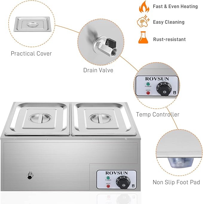 ROVSUN 21QT Electric Commercial Food Warmer, 110V 2-Pan Stainless Steel Bain Marie Buffet, 9.5 QT/Pan Stove Steam Table with Temperature Control & Lid for Parties, Catering, Restaurants