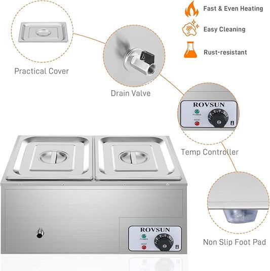 ROVSUN 21QT Electric Commercial Food Warmer, 110V 2-Pan Stainless Steel Bain Marie Buffet, 9.5 QT/Pan Stove Steam Table with Temperature Control & Lid for Parties, Catering, Restaurants