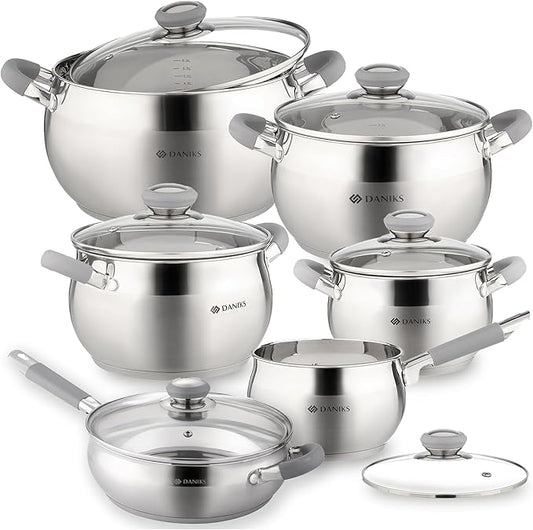 Daniks Modern 11-Piece Stainless Steel Induction Cookware Set – Dishwasher Safe Saucepan, Pots with Heatproof Handles, Glass Lids, Frying Pan with Lid, Silver