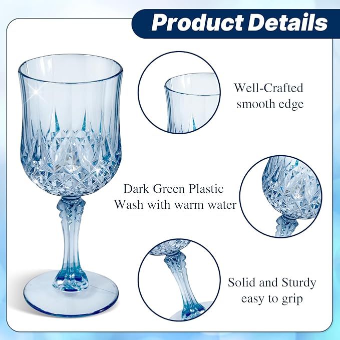 12 Pcs 7 Oz Plastic Goblets for Parties, Blue Plastic Wine Glasses Vintage Champagne Whiskey Crystal Water Goblets for Home, Office, Bars, Wedding, Ribbed (12, Ocean Blue)