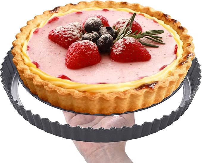 10 Inch Nonstick Tart Pan with Removable Bottom, Carbon Steel Quiche and Pie Pan- 1.1-Inch Depth, Fluted Edges for Baking Tarts, Quiches, Mousse Cakes, and Desserts
