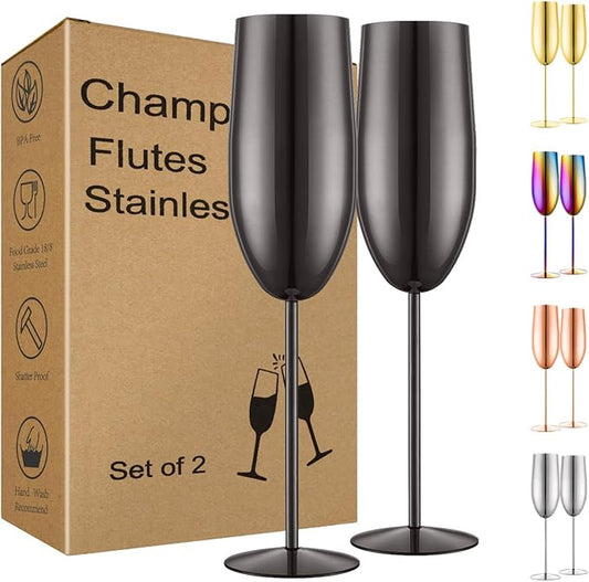 Champagne Glasses Set of 2 Stainless Steel Champagne Flutes Wedding Gifts for Bride 8.5 oz Unbreakable Champagne Glasses for Party Wedding Christmas Anniversary Brithday