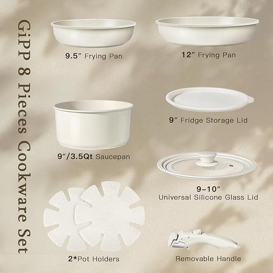 GiPP Ceramic Pots and Pans Set Non Stick, Nonstick Detachable Handle Cookware Sets, Healthy Non Toxic PFAS PFOA & PTFE Free, Dishwasher &Oven Safe, Induction Kitchen Pot and Pan, 8 Piece Cream
