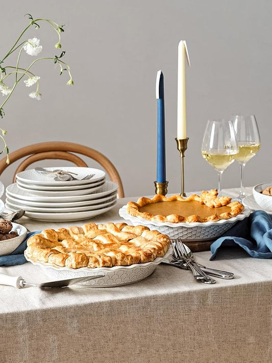 LE TAUCI Pie Pans for Baking 9 Inch, Ceramic Pie Plate for Apple Pie, Round Baking Dish Oven Safe, Embossment Housewarming Wedding Present - 36 OZ, Set of 2, Fireworks + Honey Comb, Arctic White
