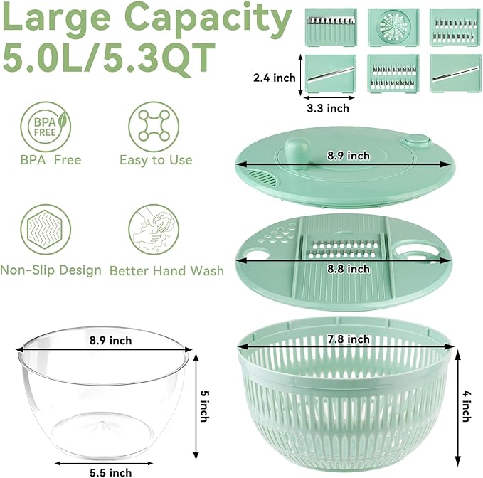 YUANYE Salad Spinner Large, 3 IN 1 Vegetable and Fruit Washing Bowl with Strainer, Lettuce Spinner with 5 Blades Slicer, Egg Yolk Strainer, Salad Bowl for Efficient Salad Preparation, 5.3 Qt