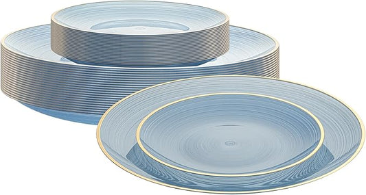 Restaurantware Plastic Plates 40 Pcs 7.13" and 10" Combo Gold Rimmed Plate Set Disposable Heavy-Duty Blue Translucent Rippled Plastic Dinner Servers for Party, Weddings, Salads, Desserts